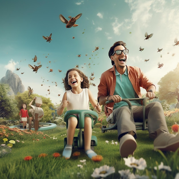 3d rendered photos of happy family enjoying in park