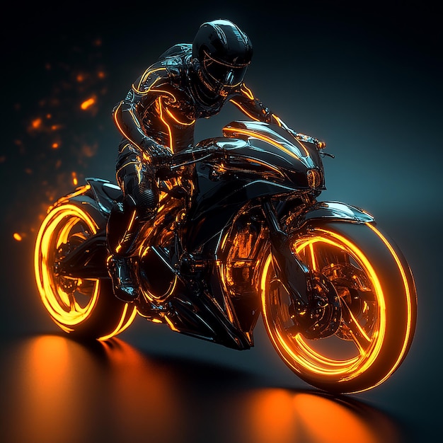 3d rendered photos of heavy bike with rider with glowing light