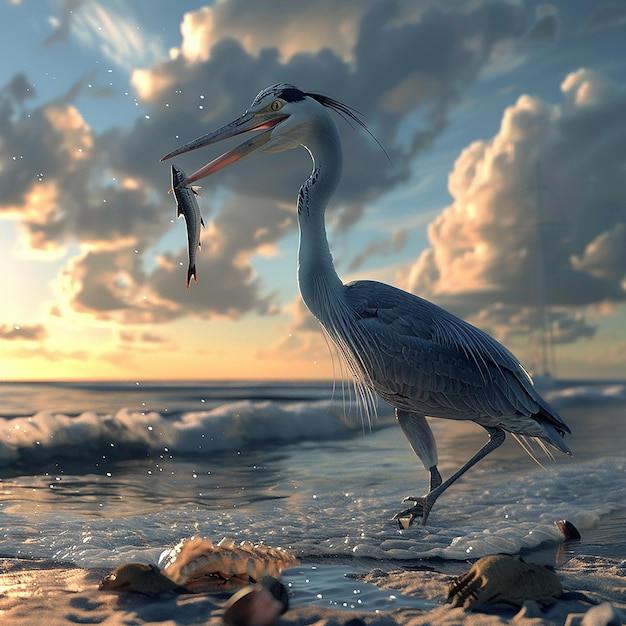 3d rendered photos of heron on seashore having fish in beak close view with oceanic background