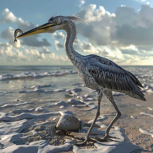 3d rendered photos of heron on seashore having fish in beak close view with oceanic background