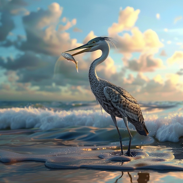 3d rendered photos of heron on seashore having fish in beak close view with oceanic background