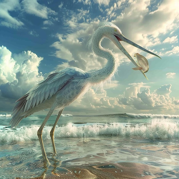 3d rendered photos of heron on seashore having fish in beak close view with oceanic background