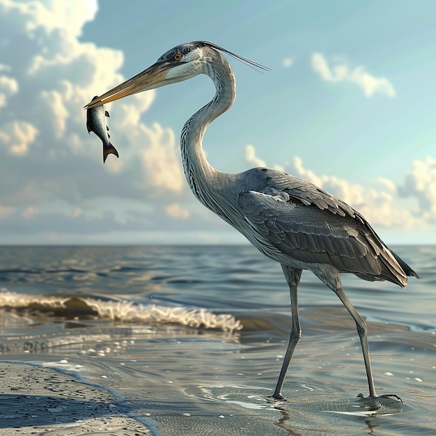 3d rendered photos of heron on seashore having fish in beak close view with oceanic background