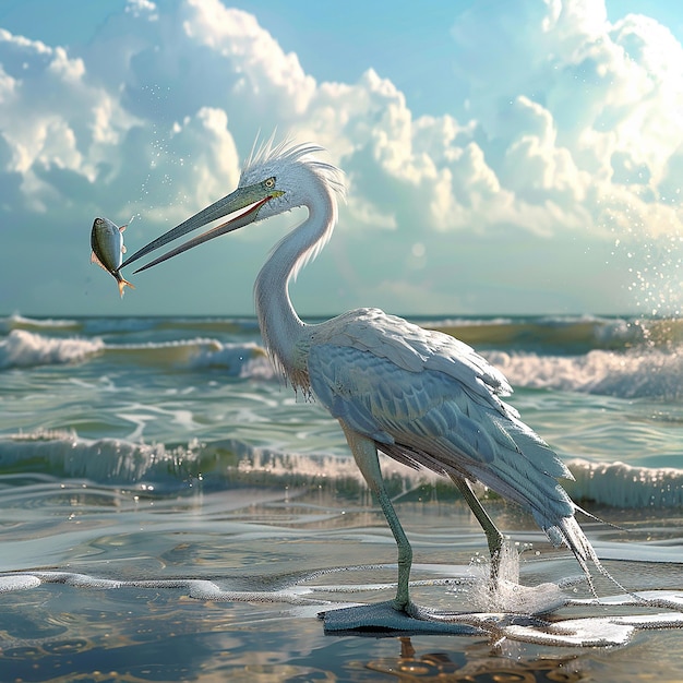 3d rendered photos of heron on seashore having fish in beak close view with oceanic background