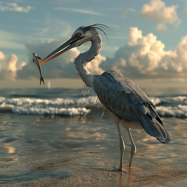 3d rendered photos of heron on seashore having fish in beak close view with oceanic background