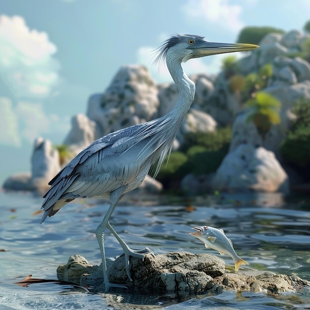 3d rendered photos of heron on seashore having fish in beak close view with oceanic background