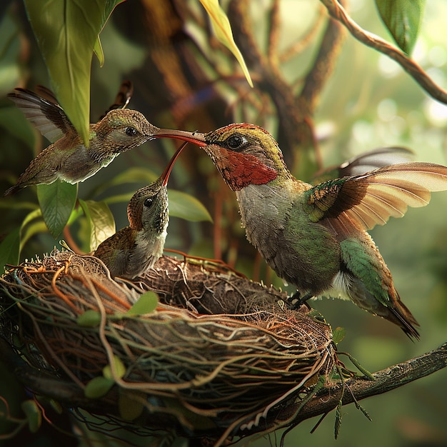 3d rendered photos of humming bird feeding her young ones with beak in nest close view