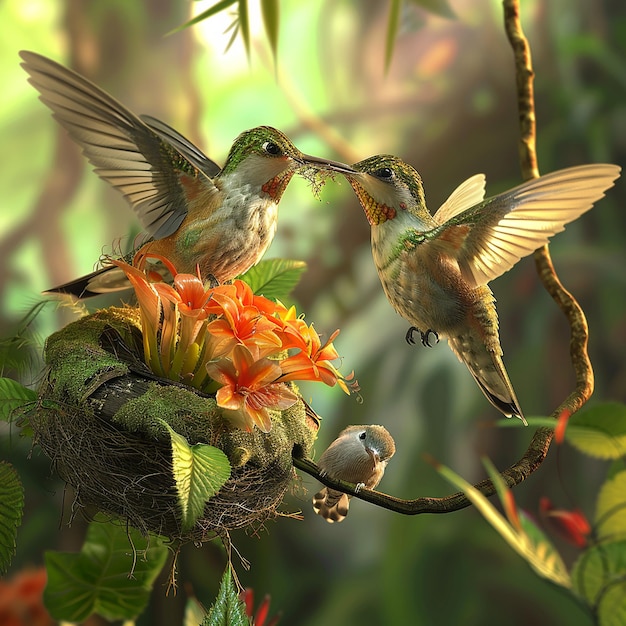 3d rendered photos of humming bird feeding her young ones with beak in nest close view