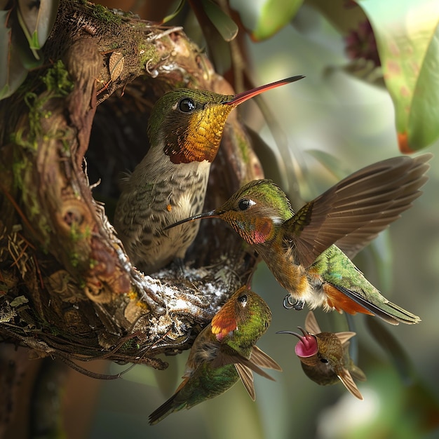 3d rendered photos of humming bird feeding her young ones with beak in nest close view