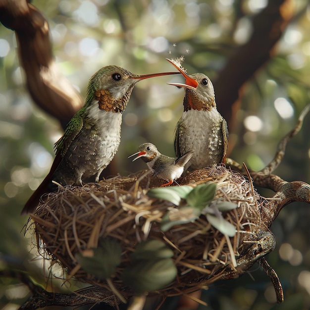 3d rendered photos of humming bird feeding her young ones with beak in nest close view