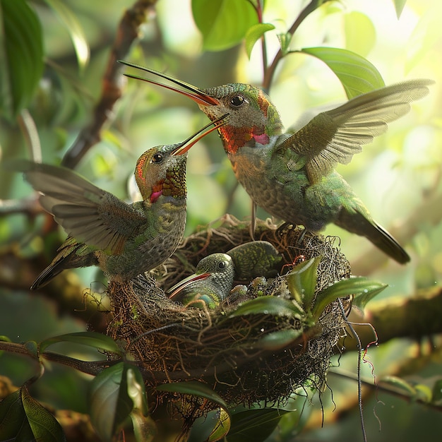 3d rendered photos of humming bird feeding her young ones with beak in nest close view