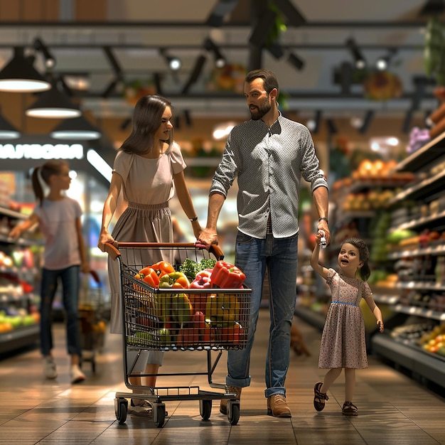 3d rendered photos of husband wife with kids shopping in mart male pushing cart