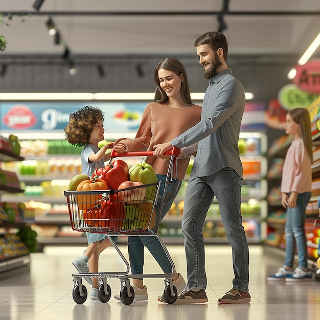 3d rendered photos of husband wife with kids shopping in mart male pushing cart