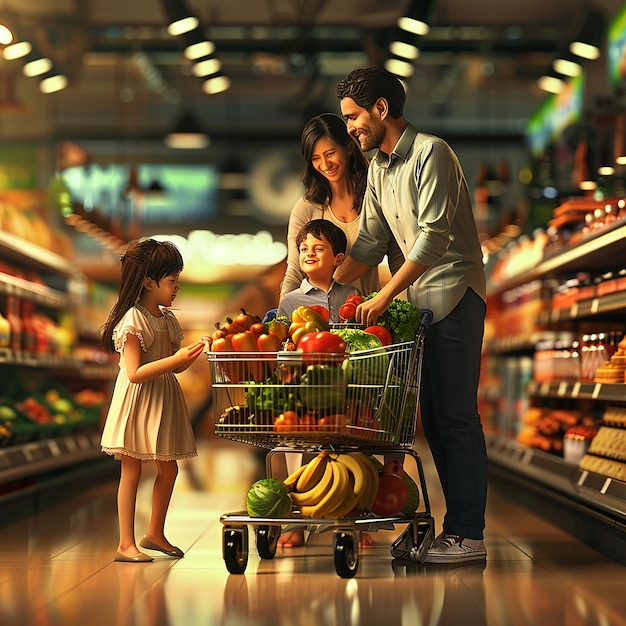 3d rendered photos of husband wife with kids shopping in mart male pushing cart