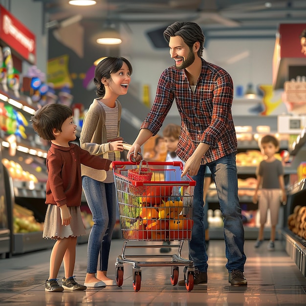 3d rendered photos of husband wife with kids shopping in mart male pushing cart