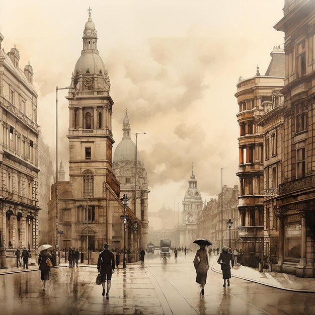 3d rendered photos of Image london street view in the style of beige stanisaw szukalski ink