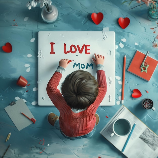 3d rendered photos of kids hand writing youre the best MOM a cute hand drawing of mother and kid