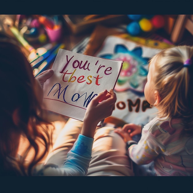 3d rendered photos of kids hand writing youre the best MOM a cute hand drawing of mother and kid