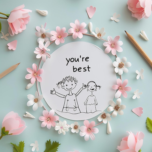 3d rendered photos of kids hand writing youre the best MOM a cute hand drawing of mother and kid