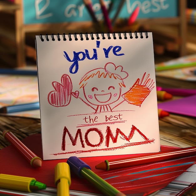 3d rendered photos of kids hand writing youre the best MOM a cute hand drawing of mother and kid