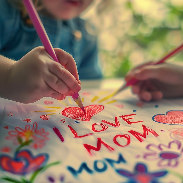 3d rendered photos of kids hand writing youre the best MOM a cute hand drawing of mother and kid