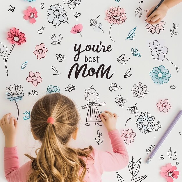 3d rendered photos of kids hand writing youre the best MOM a cute hand drawing of mother and kid