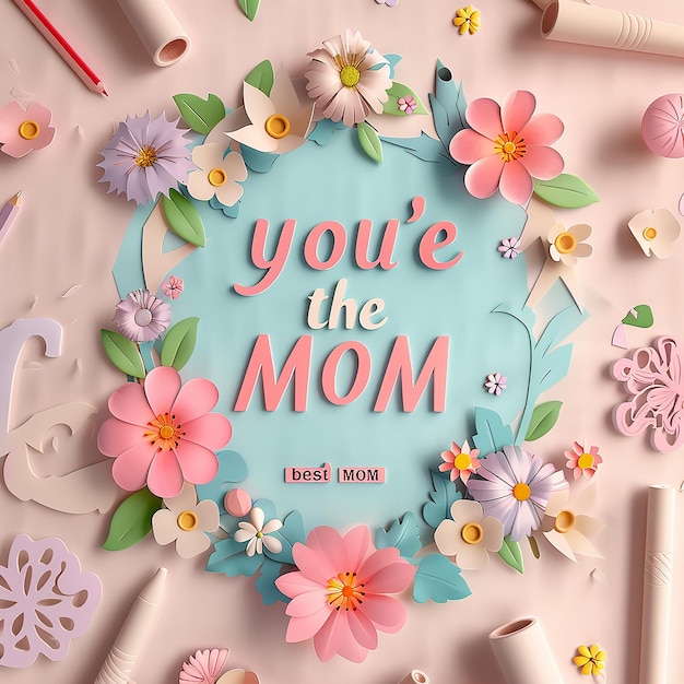 3d rendered photos of kids hand writing youre the best MOM a cute hand drawing of mother and kid