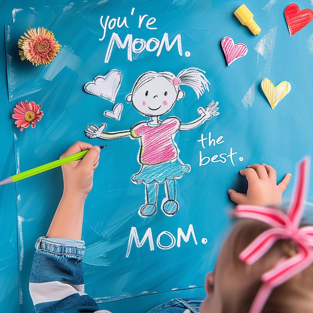 3d rendered photos of kids hand writing youre the best MOM a cute hand drawing of mother and kid