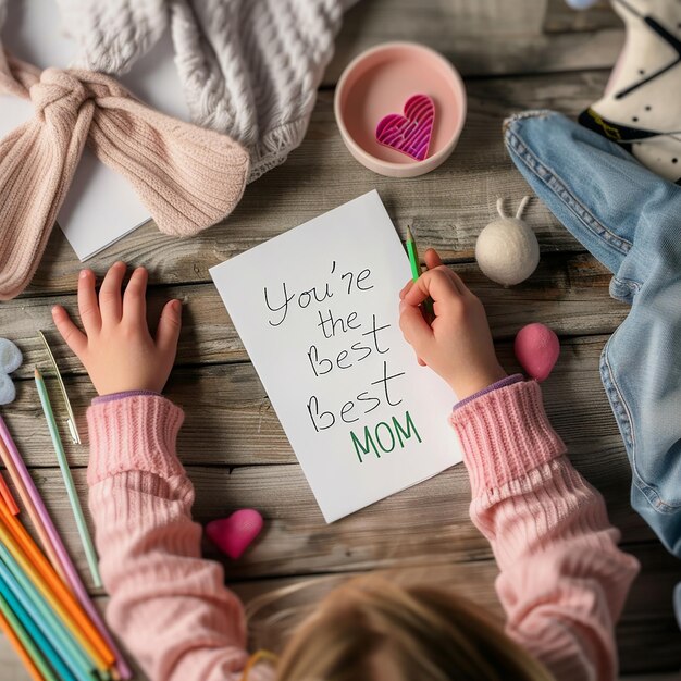 3d rendered photos of kids hand writing youre the best MOM a cute hand drawing of mother and kid