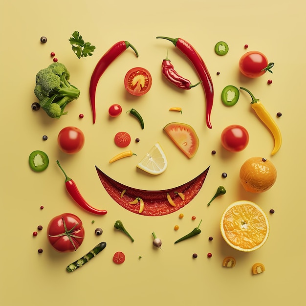 3d rendered photos of knolling that creates a smiley face of fruit and vegetables minimalist