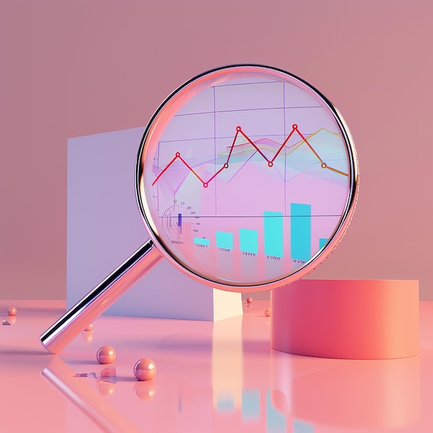 Photo 3d rendered photos of light plain background use magnifying glass to view data graph