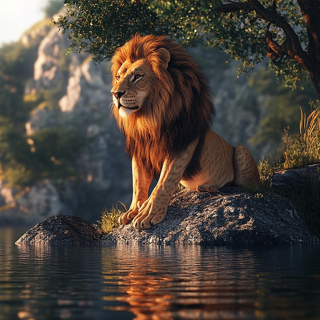 3d rendered photos of lion on the river side