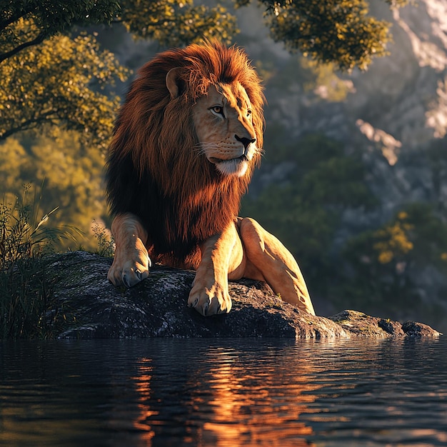 3d rendered photos of lion on the river side