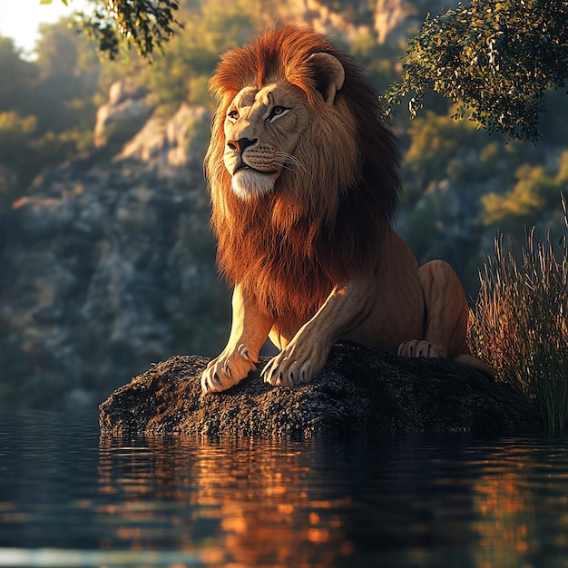 3d rendered photos of lion on the river side