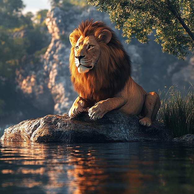 3d rendered photos of lion on the river side