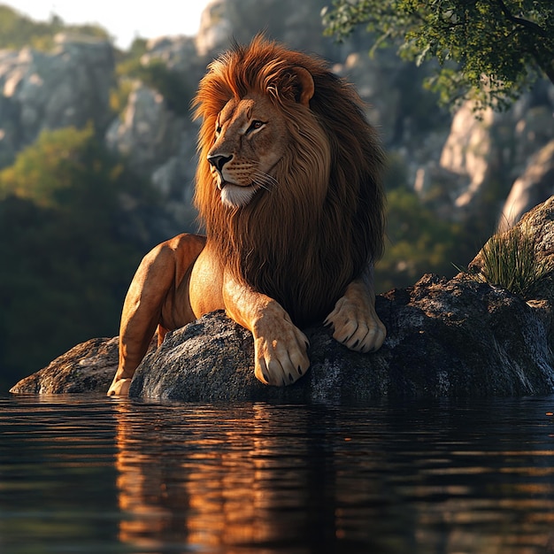 Photo 3d rendered photos of lion on the river side