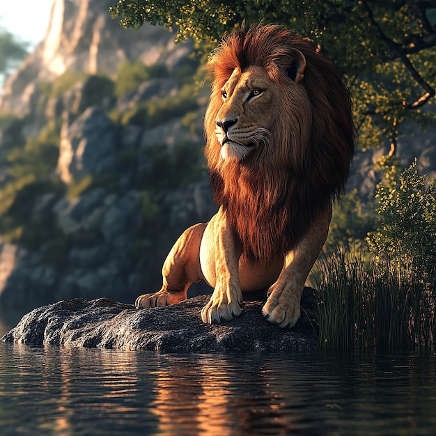 3d rendered photos of lion on the river side