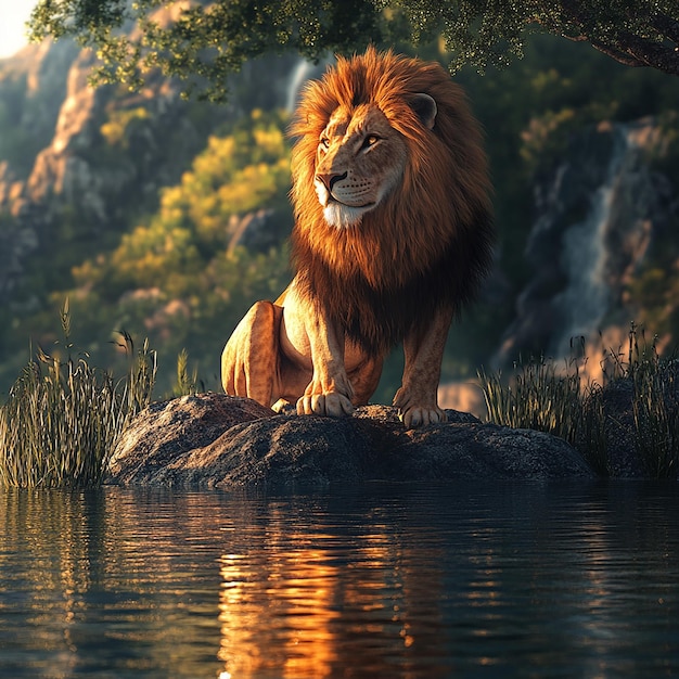 Photo 3d rendered photos of lion on the river side