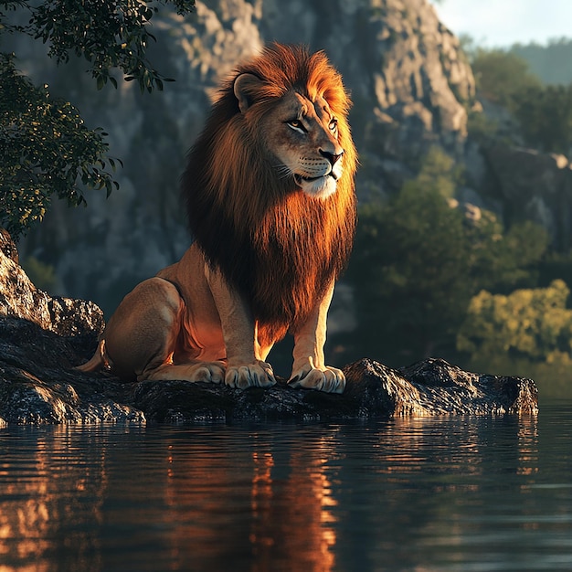 Photo 3d rendered photos of lion on the river side