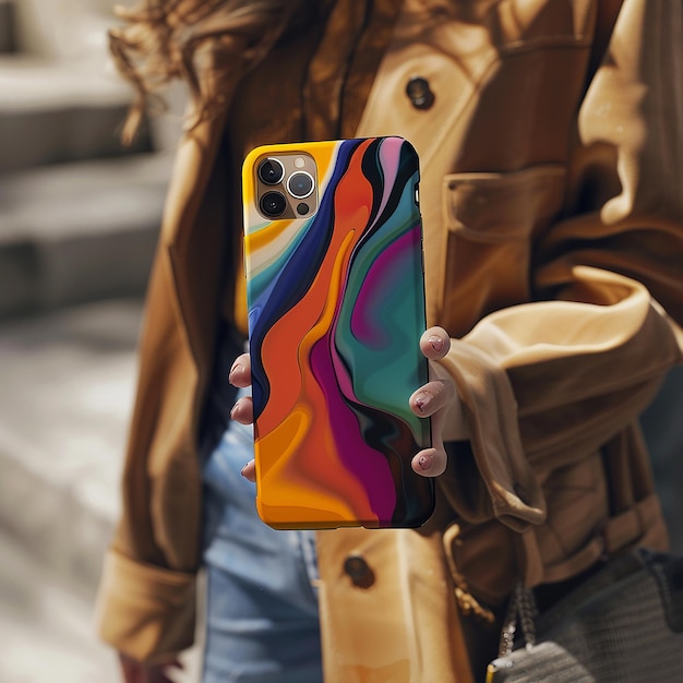 3d rendered photos of a model holding smart phone with cool mobile cover design close view