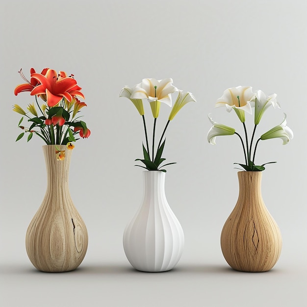 3d rendered photos of modern vase of different design with descent flowers in it putting on table