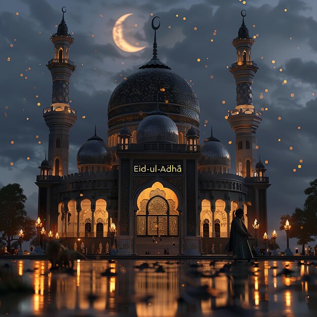 3d rendered photos of a mosque Muslim man with goat written EID ul ADHA on picture moon on top