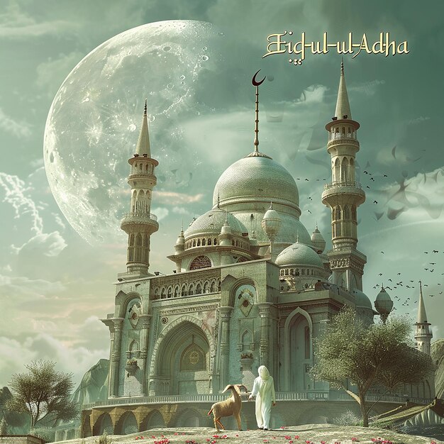 3d rendered photos of a mosque Muslim man with goat written EID ul ADHA on picture moon on top