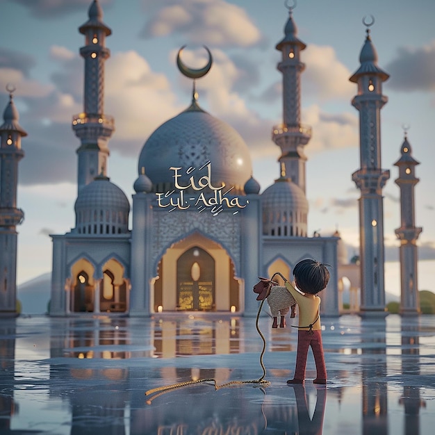 3d rendered photos of a mosque Muslim man with goat written EID ul ADHA on picture moon on top