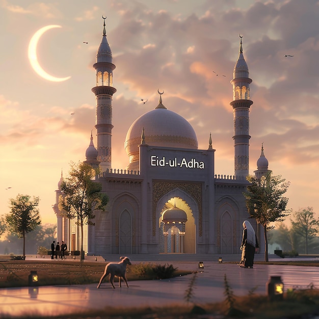 3d rendered photos of a mosque Muslim man with goat written EID ul ADHA on picture moon on top