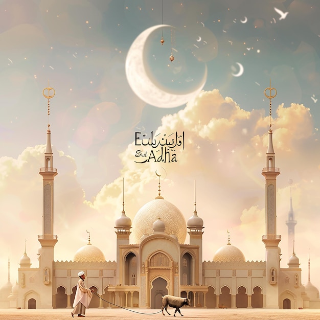 3d rendered photos of a mosque Muslim man with goat written EID ul ADHA on picture moon on top