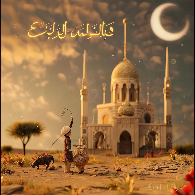 3d rendered photos of a mosque Muslim man with goat written EID ul ADHA on picture moon on top