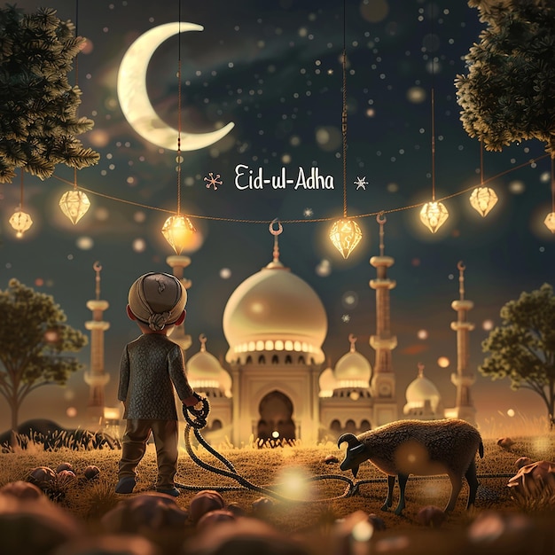 3d rendered photos of a mosque Muslim man with goat written EID ul ADHA on picture moon on top