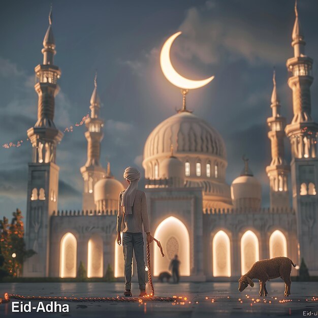 3d rendered photos of a mosque Muslim man with goat written EID ul ADHA on picture moon on top