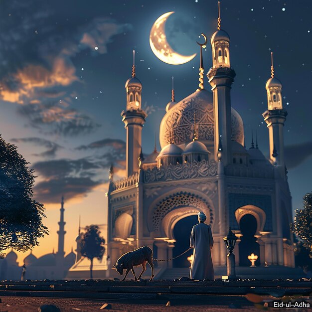 3d rendered photos of a mosque Muslim man with goat written EID ul ADHA on picture moon on top